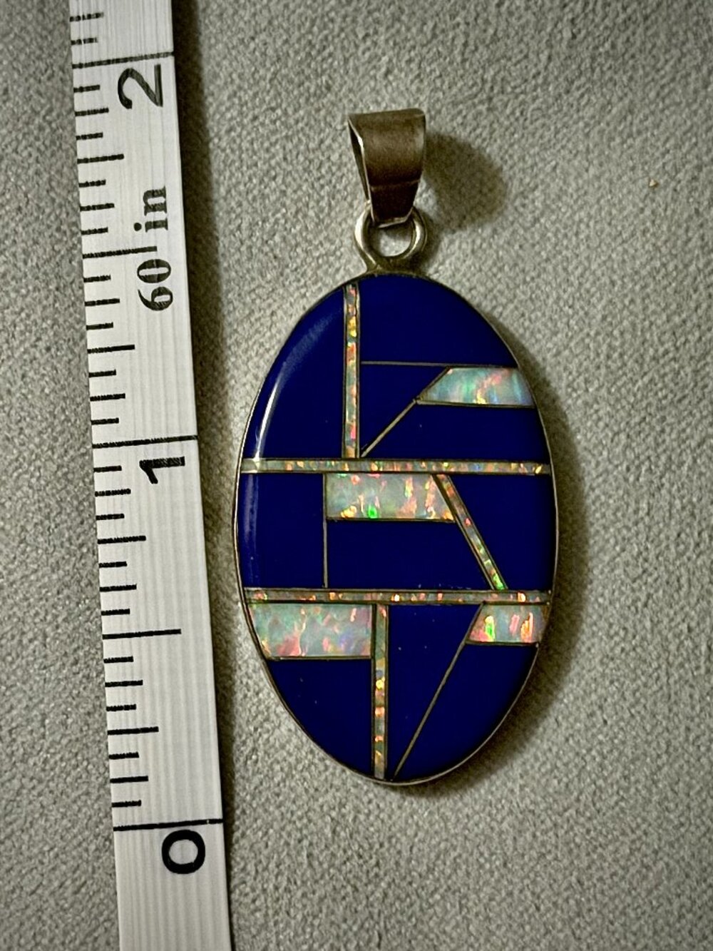 Southwestern Sterling Lapis and Opal Geometric Inlay Oval Pendant